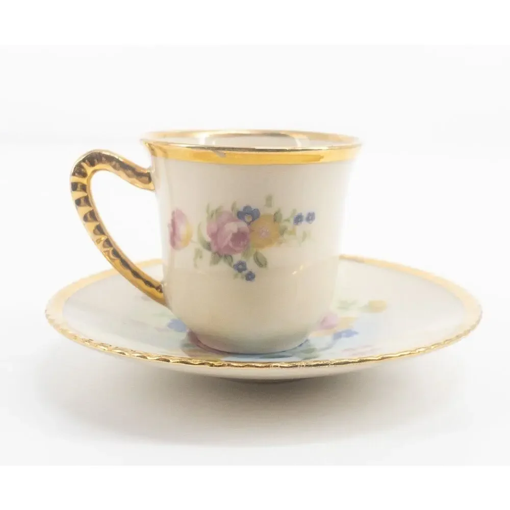 Tolpin Art Studios Teacup Saucer Flowers Pink Yellow Blue Gold Gilt Hand Painted